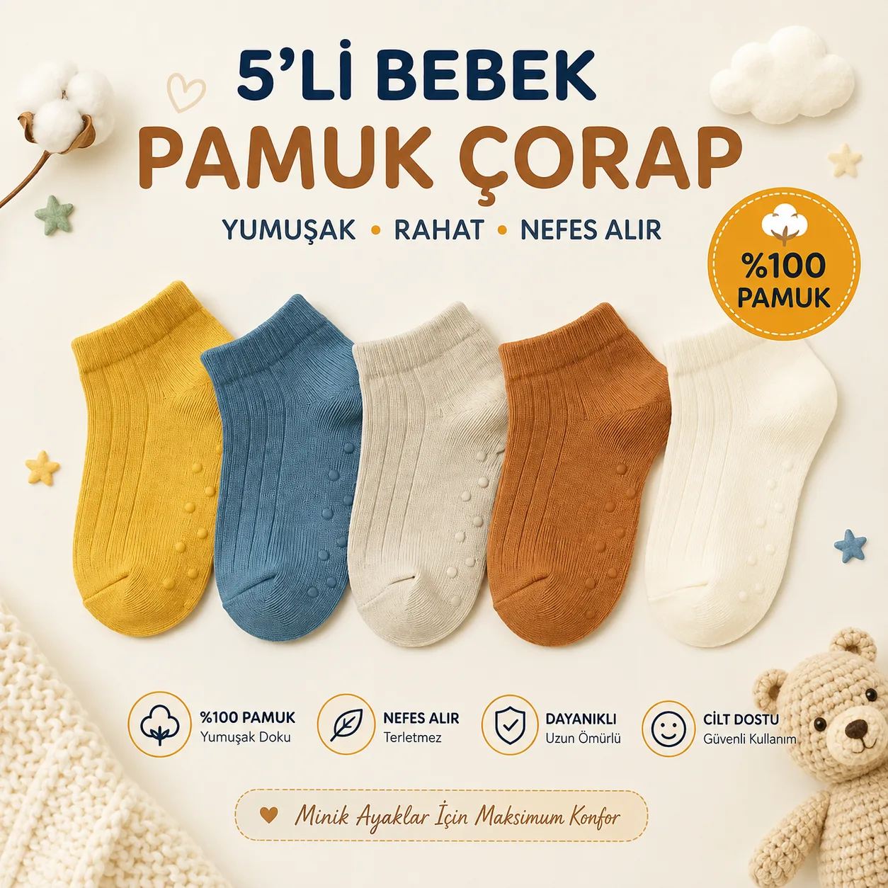 5 li bebe pamuk çorap kaydırmaz tabanlı