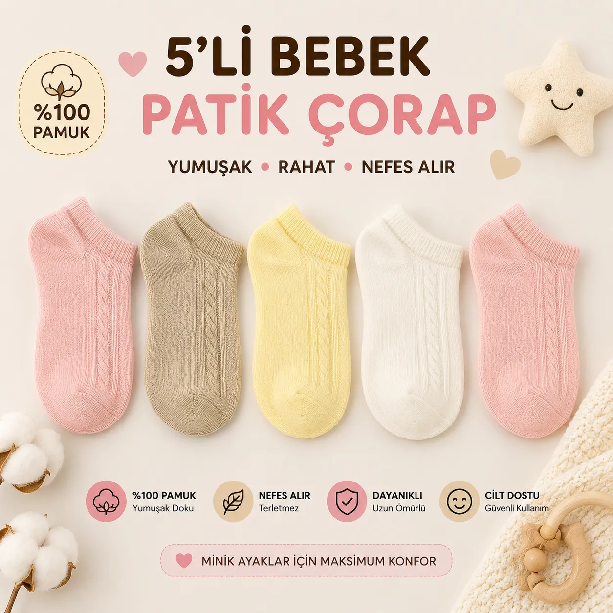 5 Li Bebe Kısa Pamuk Çorap