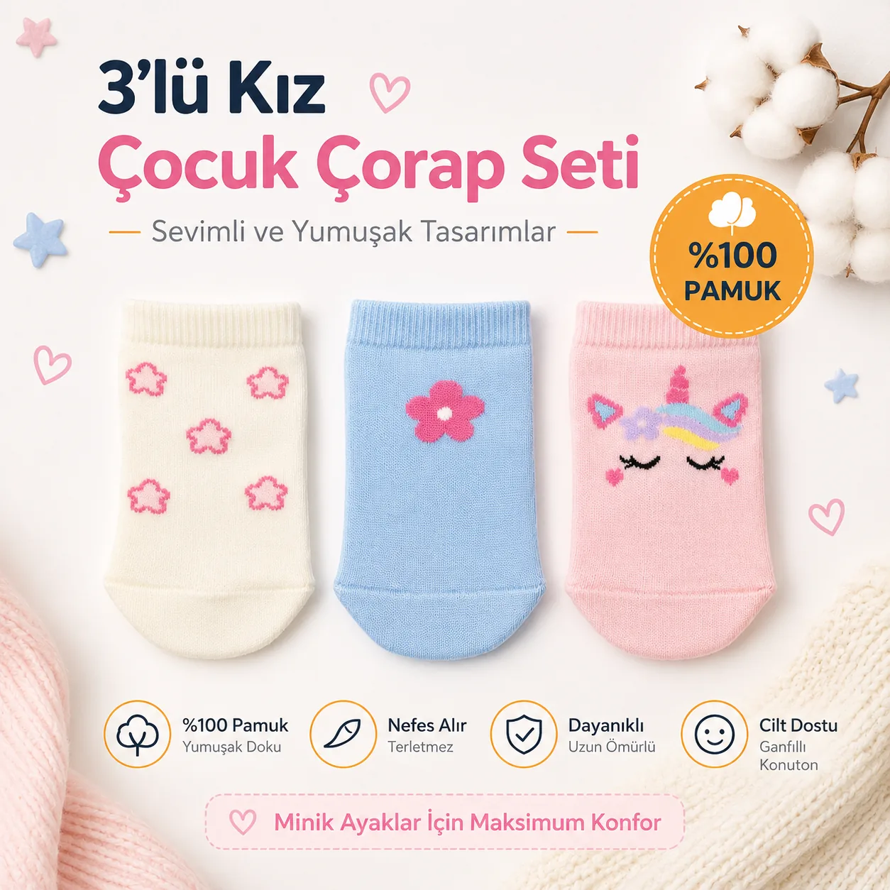 3 lü bebe pamuk kısa çorap