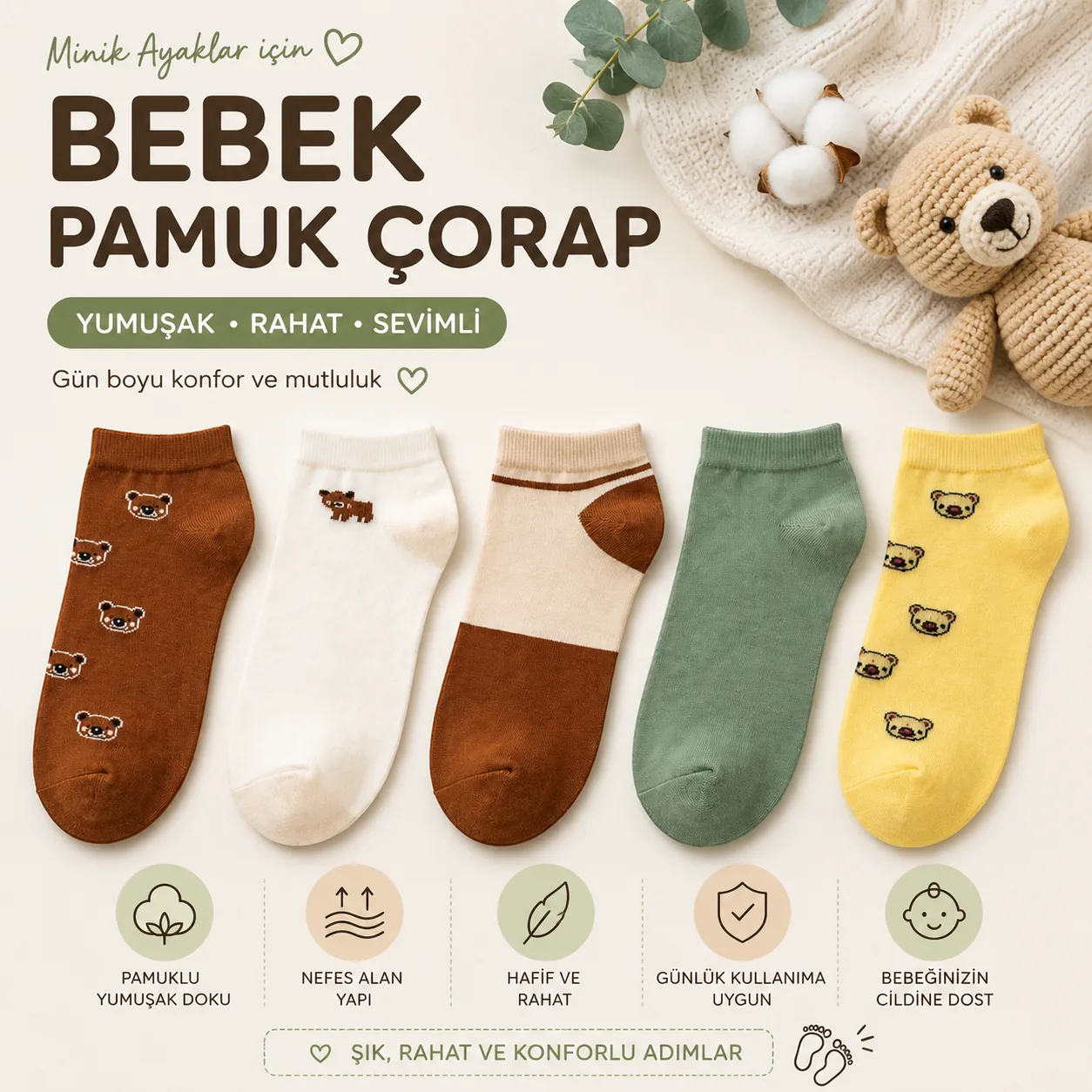 5 li bebe pamuk kısa çorap
