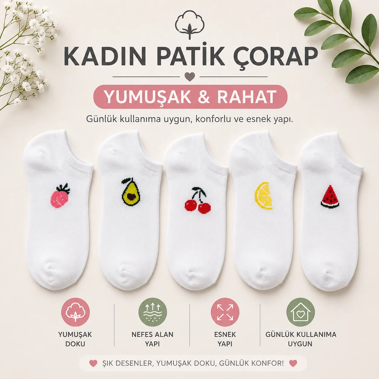 5 Lİ KADIN KISA PAMUK ÇORAP